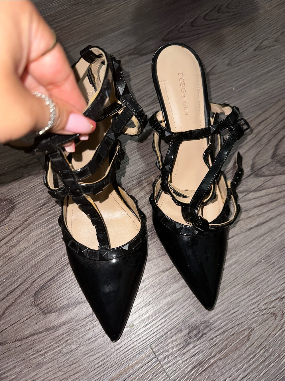 BCBG Black Pointed Strappy Studded Pumps